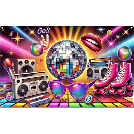 Highcool Retro Party Decor Banner, 80s Pattern Background for Events, Party Sign, 71x43 Inch, Indoor Hanging