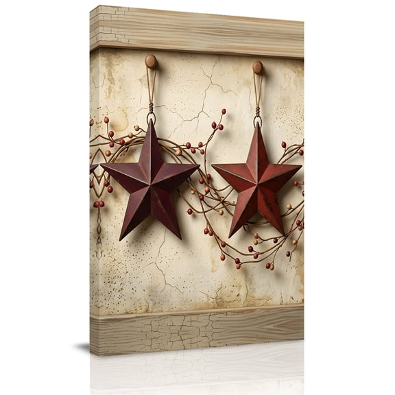 Vintage Red Stars Canvas Wall Art for Living Room, Berries Country Rustic Beige Farmhouse Wall Decor Framed Artwork Pictures Ready to Hang for Bedroom Office Home Decor