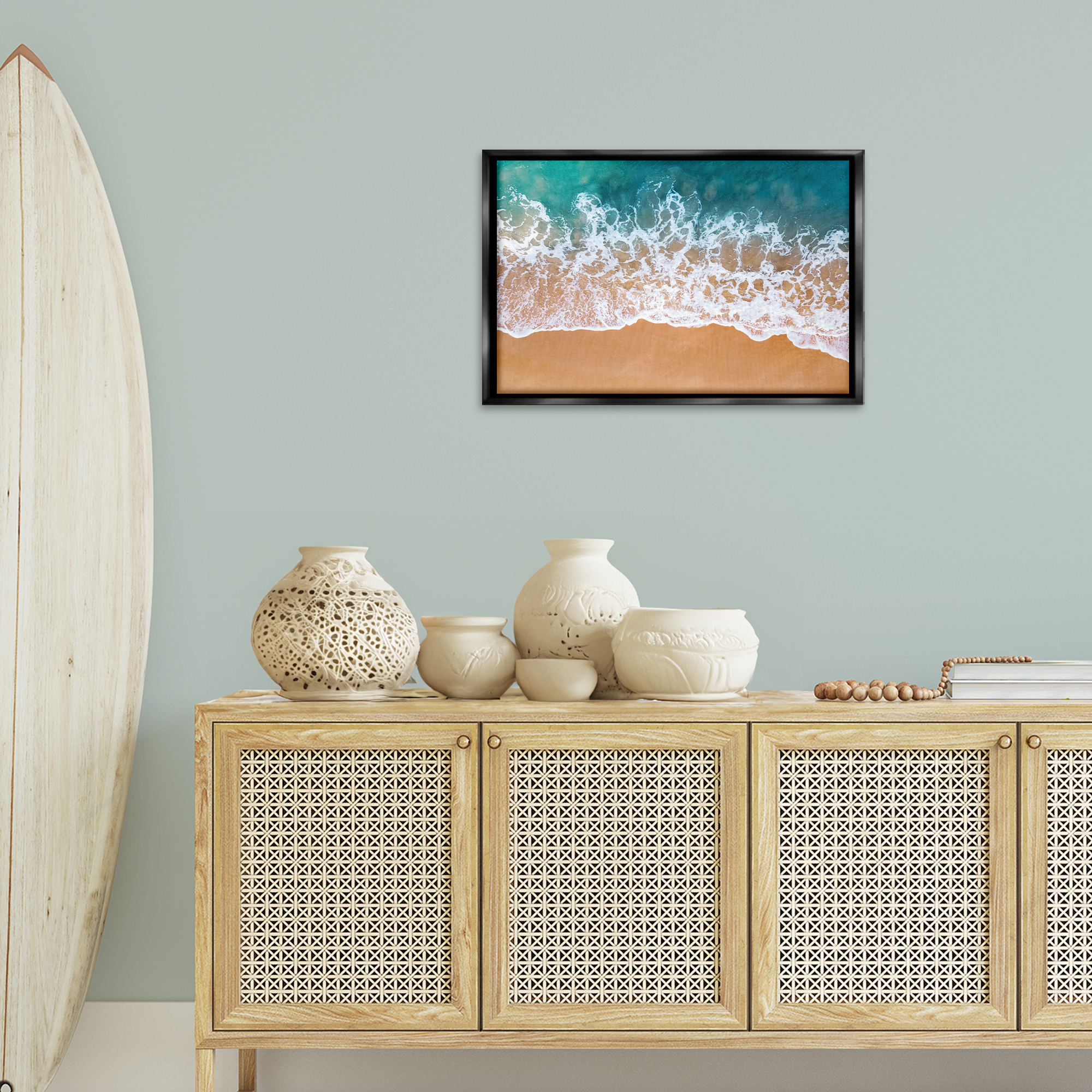 Stupell Industries Aerial Beach Foam Landscape & Nature Photography Black Floater Framed Canvas Art Print Wall Art, 25 x 17