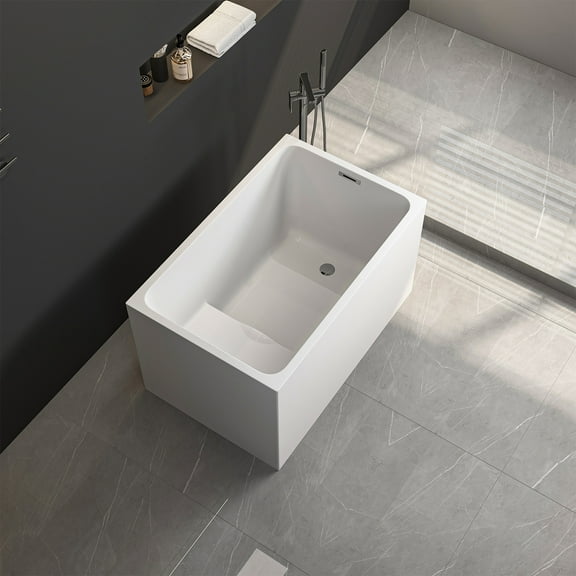 TrumanPick 43" Acrylic Freestanding Bathtub with seat Square Shape Soaking Tub, , Chrome Overflow & Pop-Up Drain, White