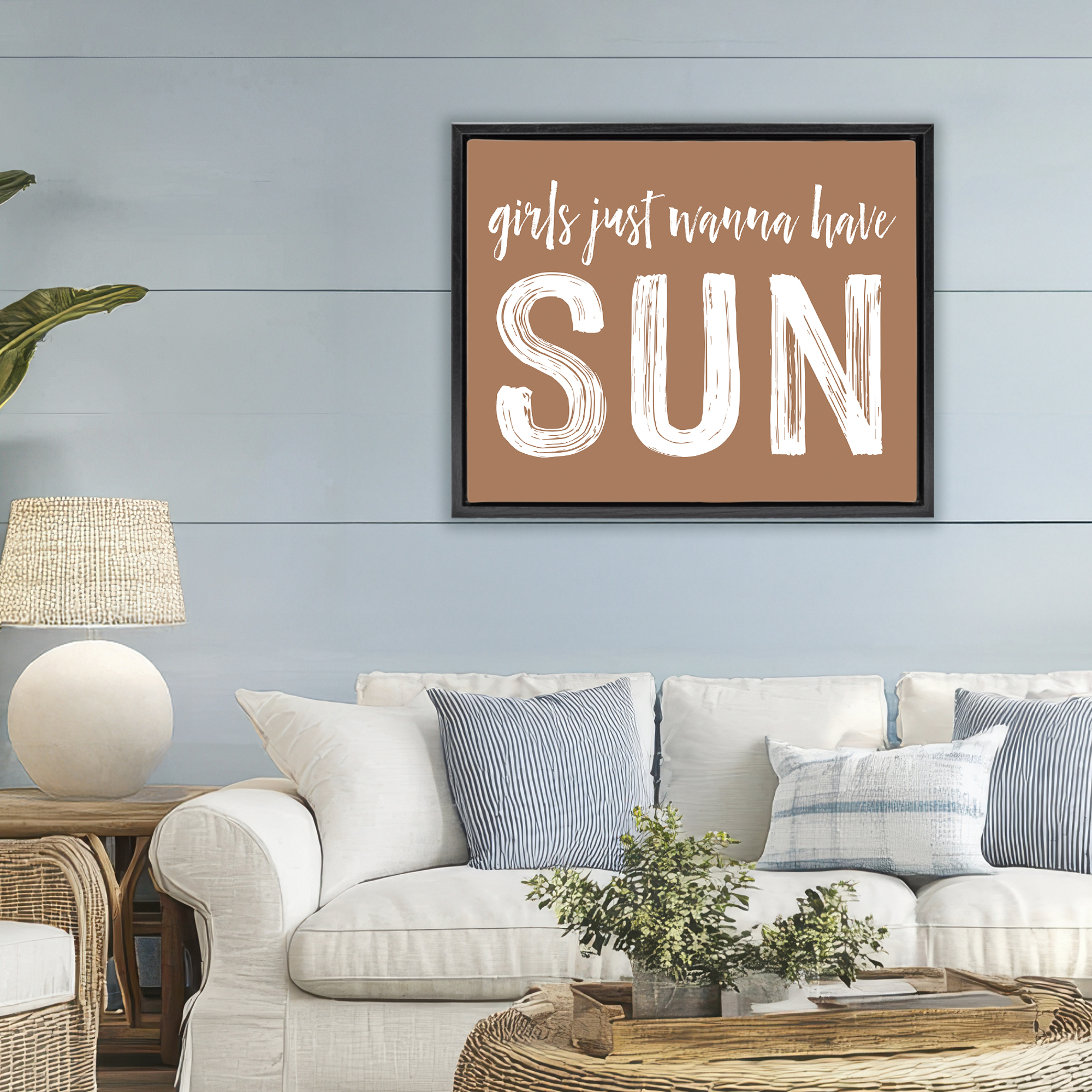 Girls Wanna Have Sun Brown Black Framed Floater Canvas Wall Art, design by Lettered and Lined