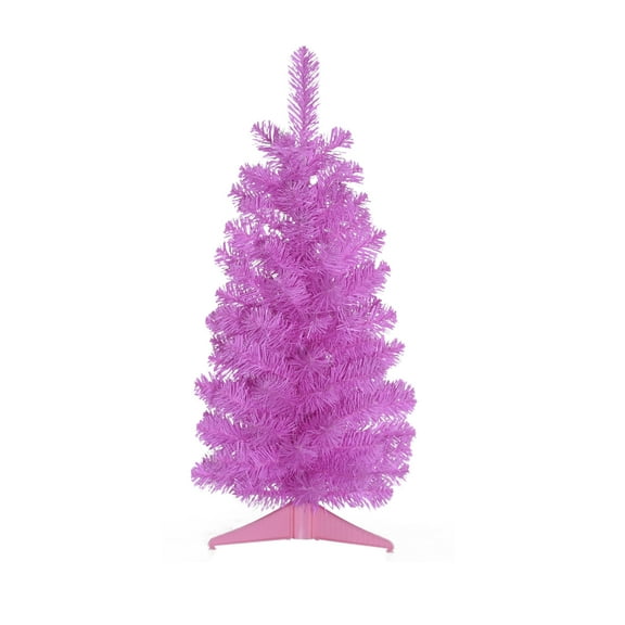 Perfect Holiday 2 Ft Noble Fir Pencil Christmas Tree, 93 Tips with Plastic Stand, Pink