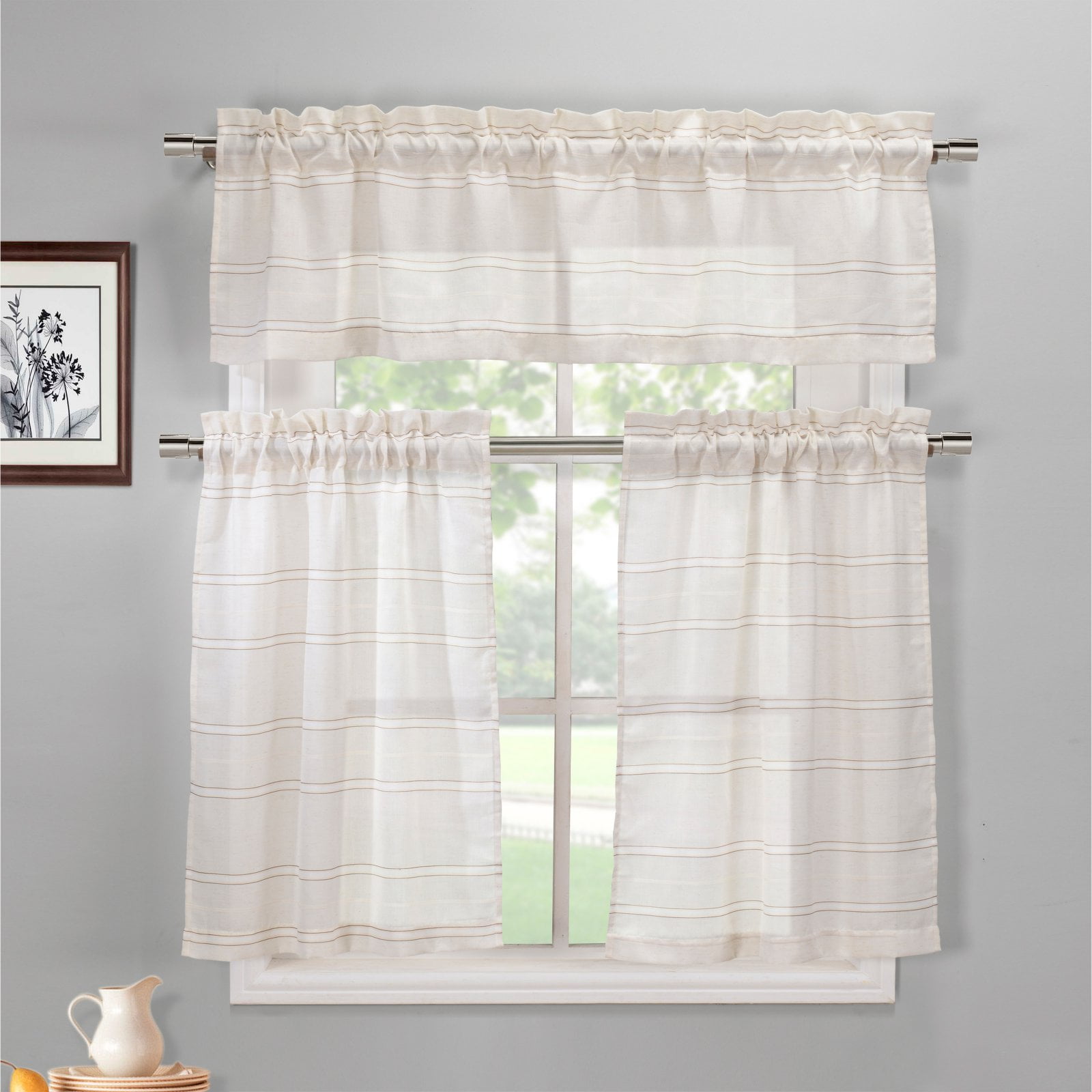 Maui Narrow Stripe Faux Linen Kitchen Curtain - Walmart.com