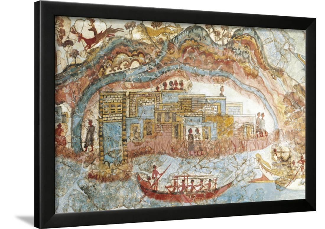 Fresco Depicting a Ship Procession from Akrotiri, Thera Island, Santorini, Greece Framed Print