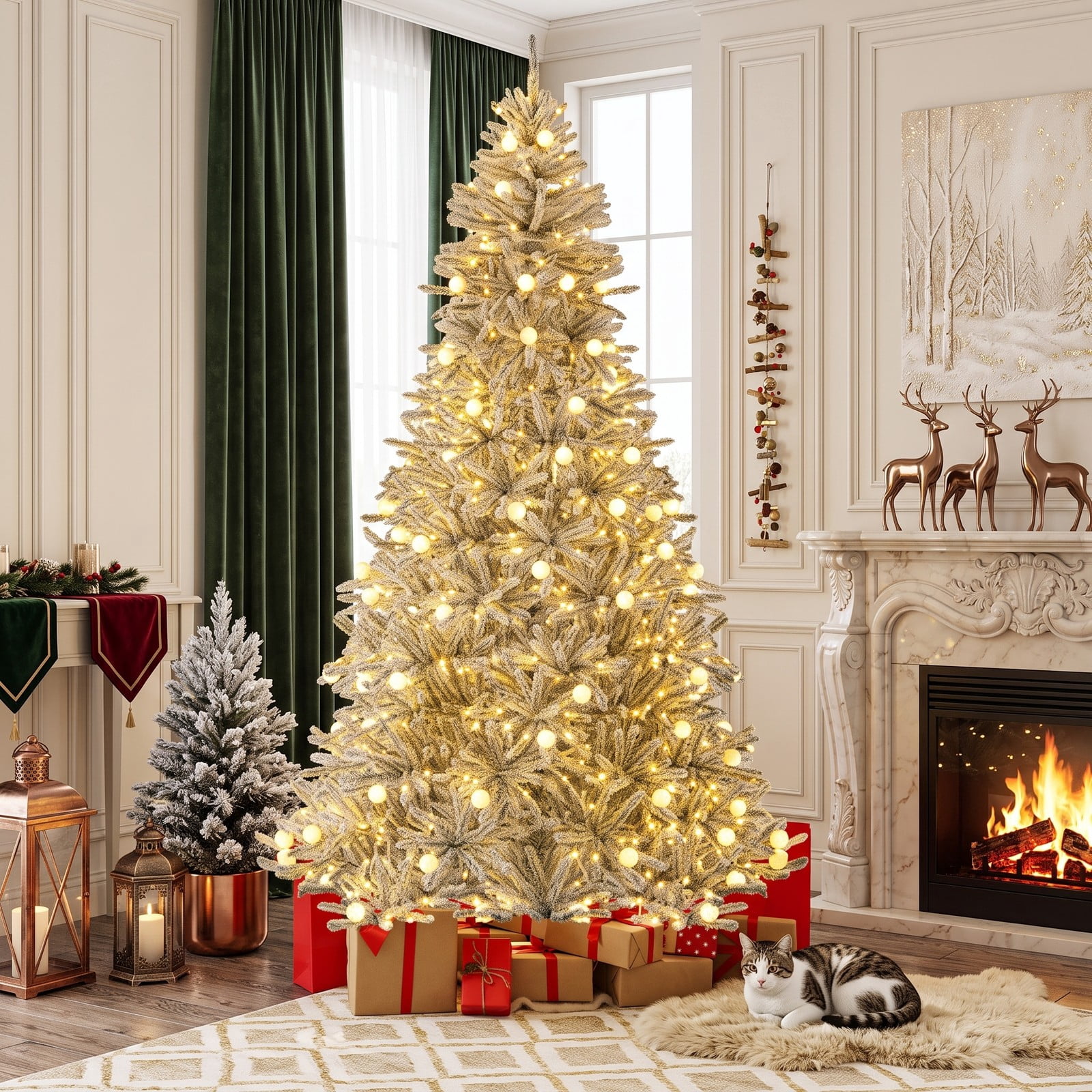RUIE 8 Feet Pre-lit Snow-Flocked Artificial Christmas Tree, Hinged Xmas Tree with 450 Warm White LED Lights, 81 Sphere Lights, Remote and Timer for, Green & White