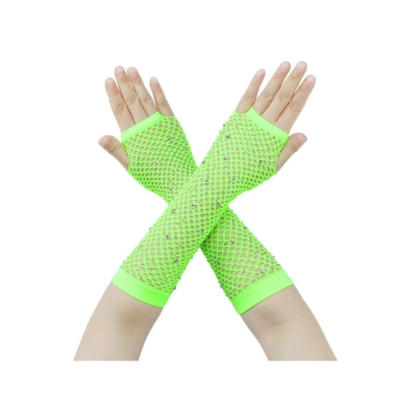 INSPIRE CHIC Women's Long Elastic Mesh Gloves Rhinestone 80s Cosplay Net Half Finger Sleeves for Female Halloween Party Dance Costume Light Green