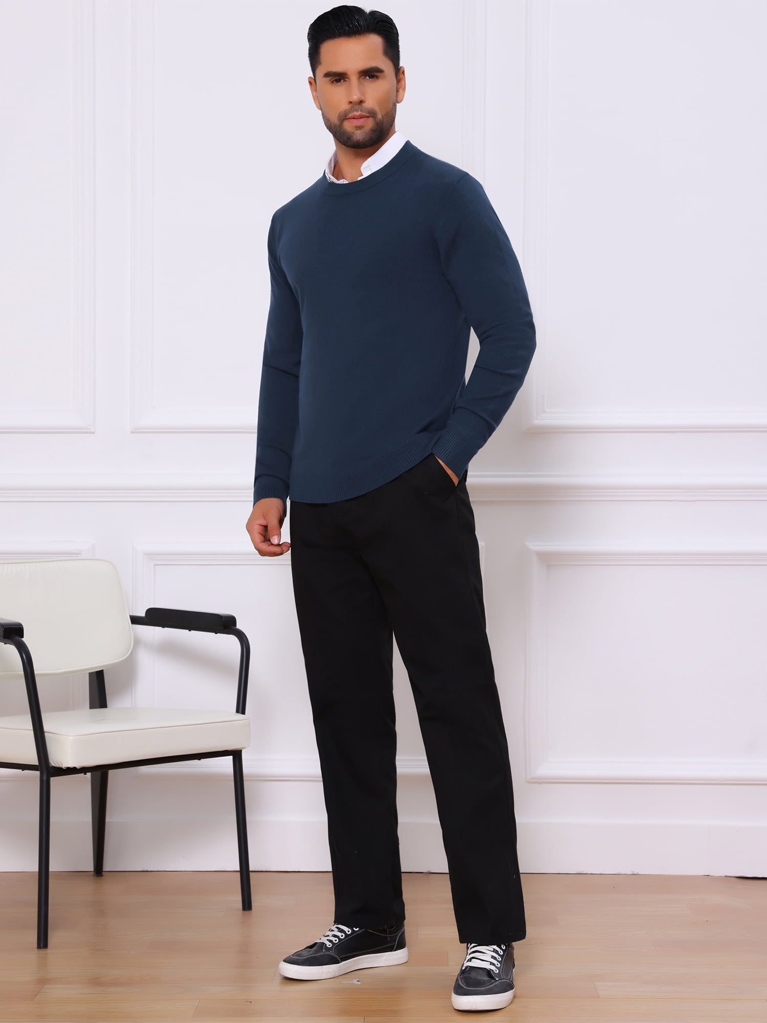 DARING DIVA Men's Solid Crew Neck Long Sleeve Soft Knit Pullover Sweater M Navy Blue