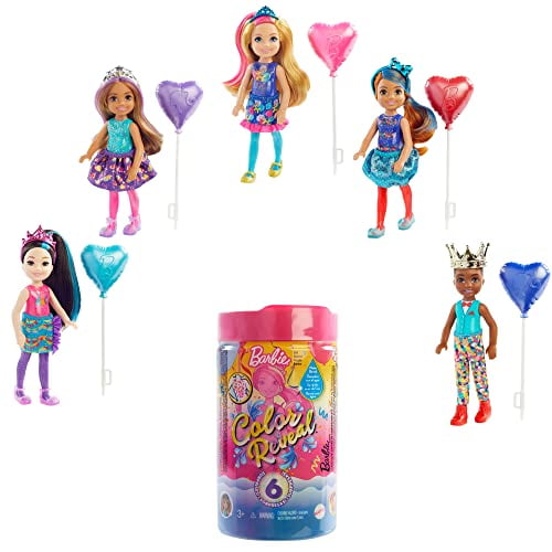Barbie Chelsea Color Reveal Doll w/6 Surprises: 4 Bags Contain Skirt or Pants, Shoes, Tiara & Balloon Accs; Water Reveals Confetti-Print Doll?s Look & Hair Color Change; Party Series[Styles May Vary]