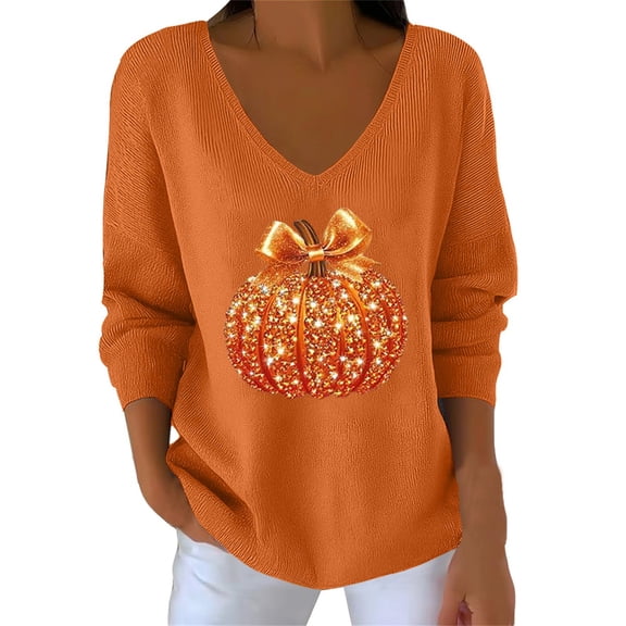 IMENGL Long Sleeve Shirts for Women Soft Sequin Pumpkin Print Striped Fabric Halloween T-Shirt Casual Women's Basic Tee Long Sleeve Tops,Orange