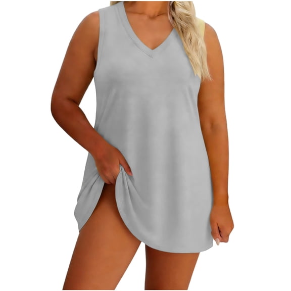 Dresses for Women Summer Pus Size V Neck Sleeveless Cotton Like Midi Dress Womens Casual Solid Loose Lightweight Comfy Loungwear Dresses