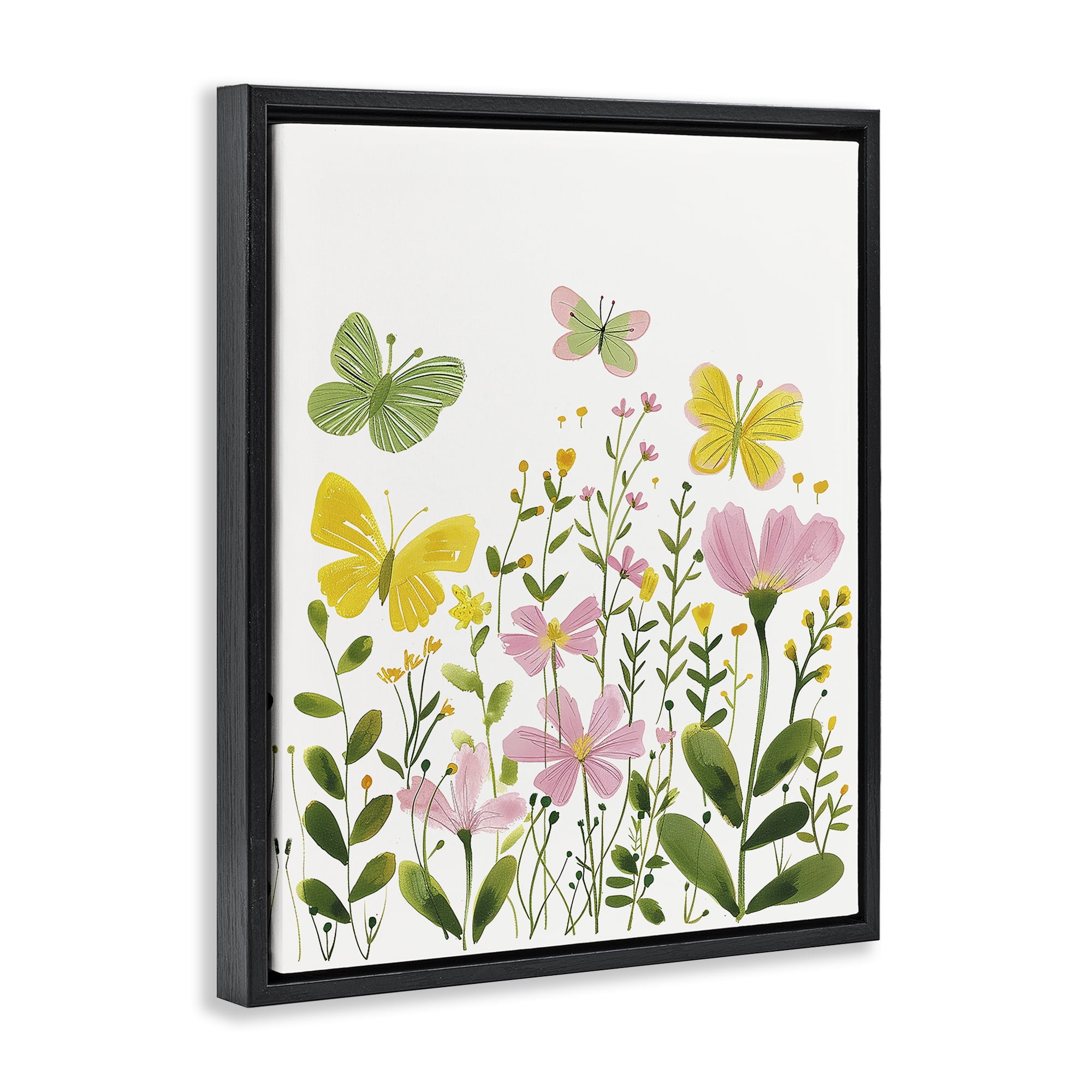 Stupell Industries Whimsical Garden Butterflies Plants & Flowers Painting Black Floater Framed Canvas Art Print Wall Art, 17 x 21