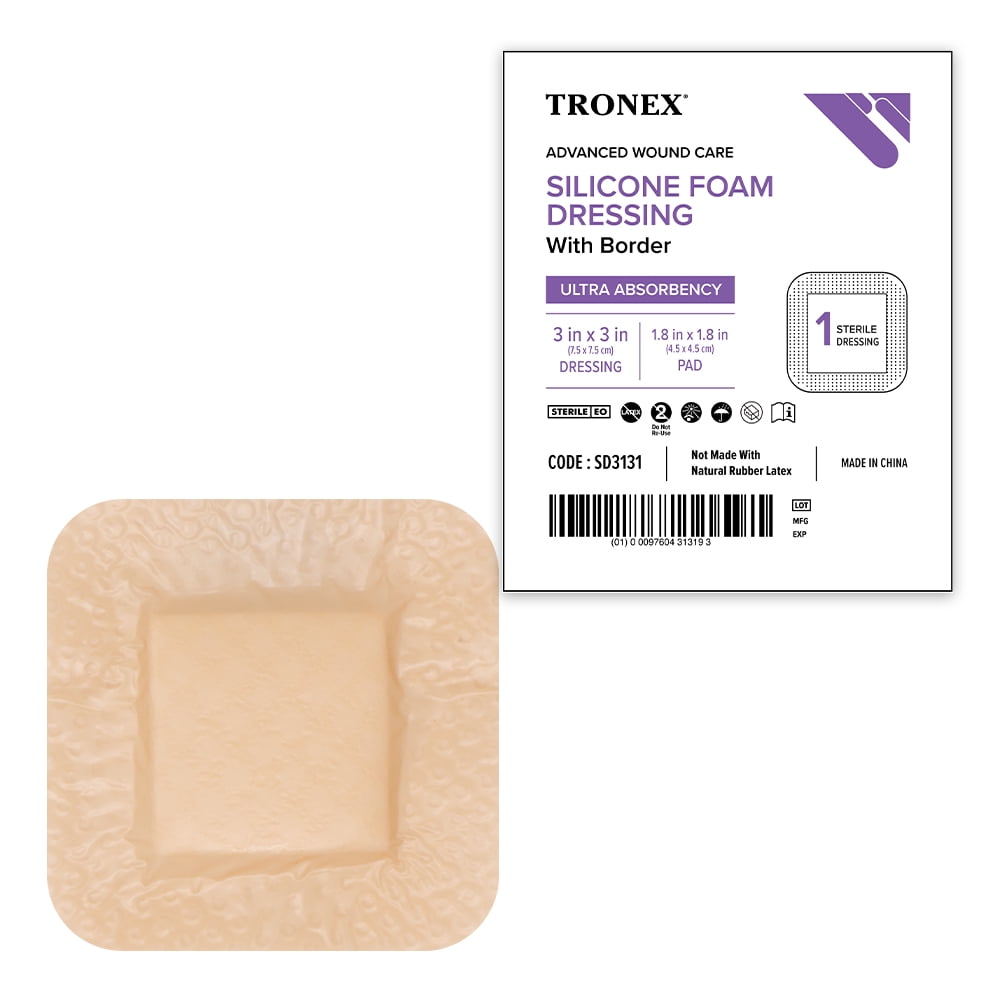 Tronex Silicone Foam Dressing, 3" x 3", Adhesive Border, Waterproof, Absorbent, Sterile, Latex-Free, Beige, Pack of 20