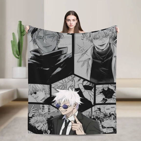 Blanket Jujutsu Kaisen Satoru Gojo Flannel Blanket Funny Ultra-Soft Micro Warm Throw Blanket For Boys Girls Young Adults, Warm Flannel Blanket For Living Room Bedroom Couch Bed 60"X50"