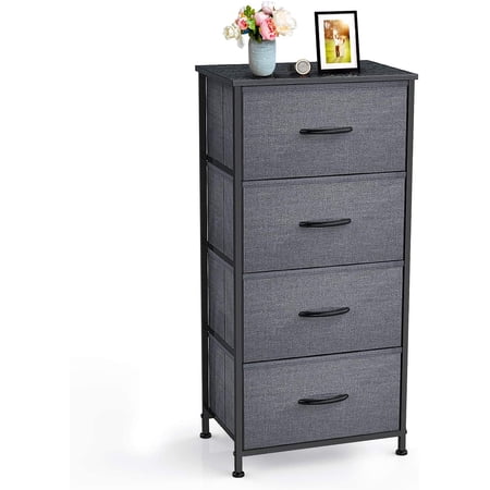 Yesker Storage Tower Units Nightstand Dresser Organizer with 4 Drawers Fabric Vertical Steel Frame Wide Wood Top Small Dresser for Bedroom Hallway Entryway Closets Easy Pull Handle Black Grey