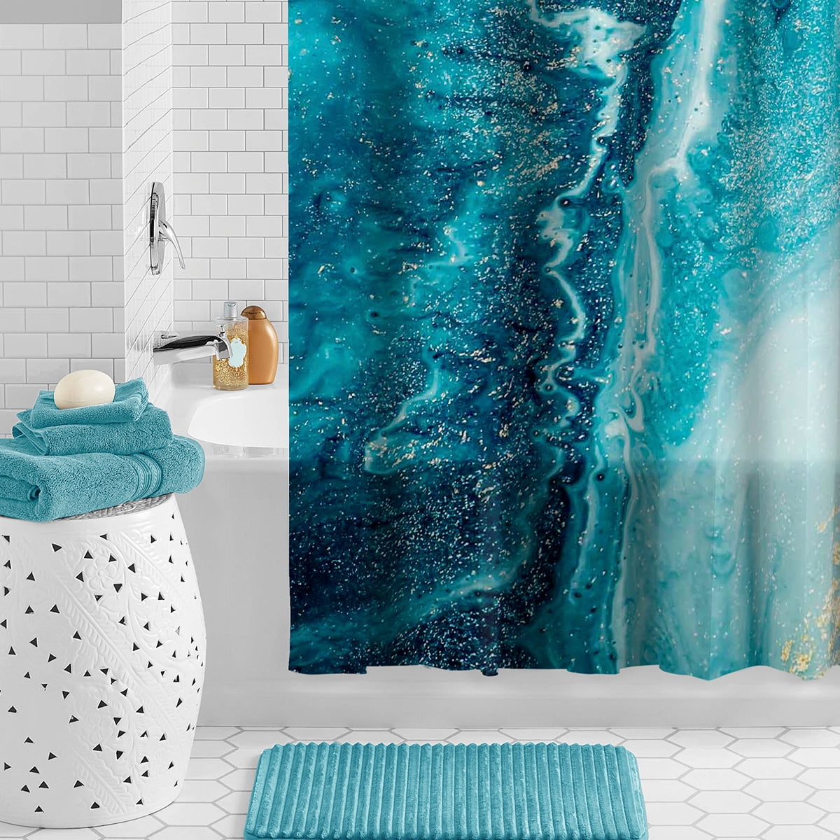 Mainstays Waterproof Watercolor Marble 30% Recycled PEVA Shower Curtain Set with Hooks, 13-Piece, Blue