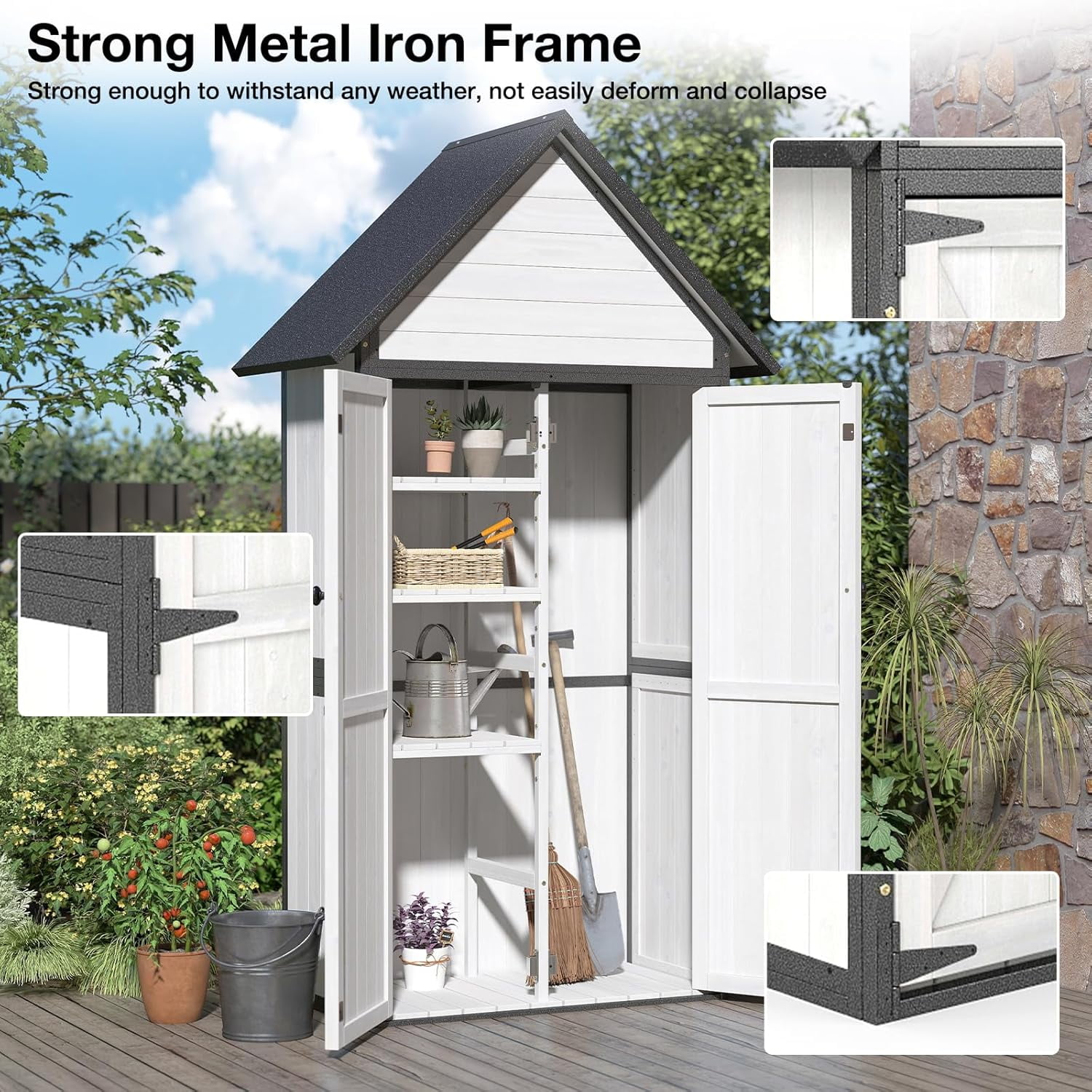 Aivituvin Outdoor Large Storage Shed with Durable Metal Frame, Lockable  Storage Cabinet with Floor, Weatherproof Tool Shed for Backyard Patio (White)