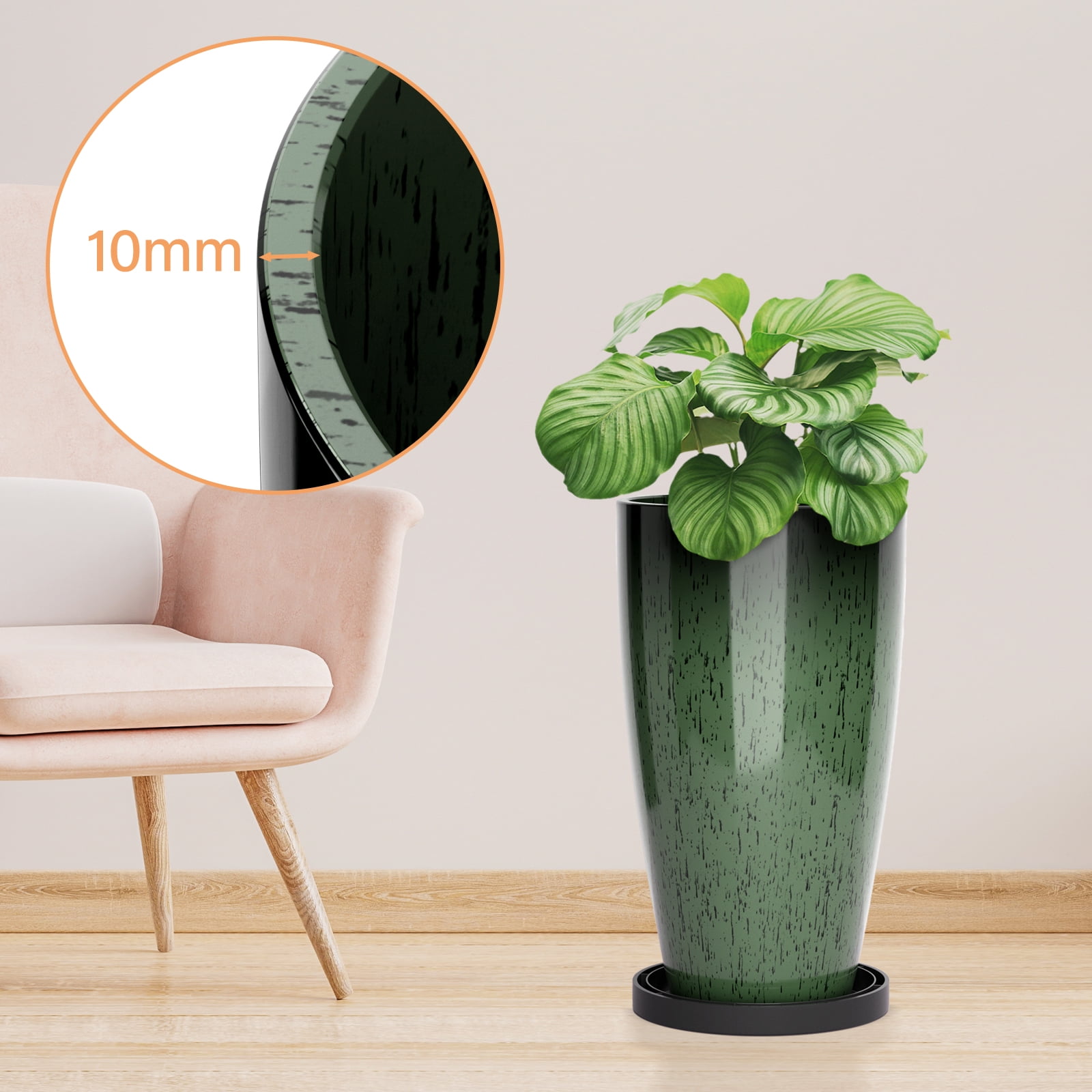FIASON 2 Pack 21 Inch Dark Green Gradient Tall Plastic Planters, 10mm Thick Glossy Marble Finish with Drainage Holes & 2-in-1 Saucer, Indoor Outdoor Planters for Front Porch Patio