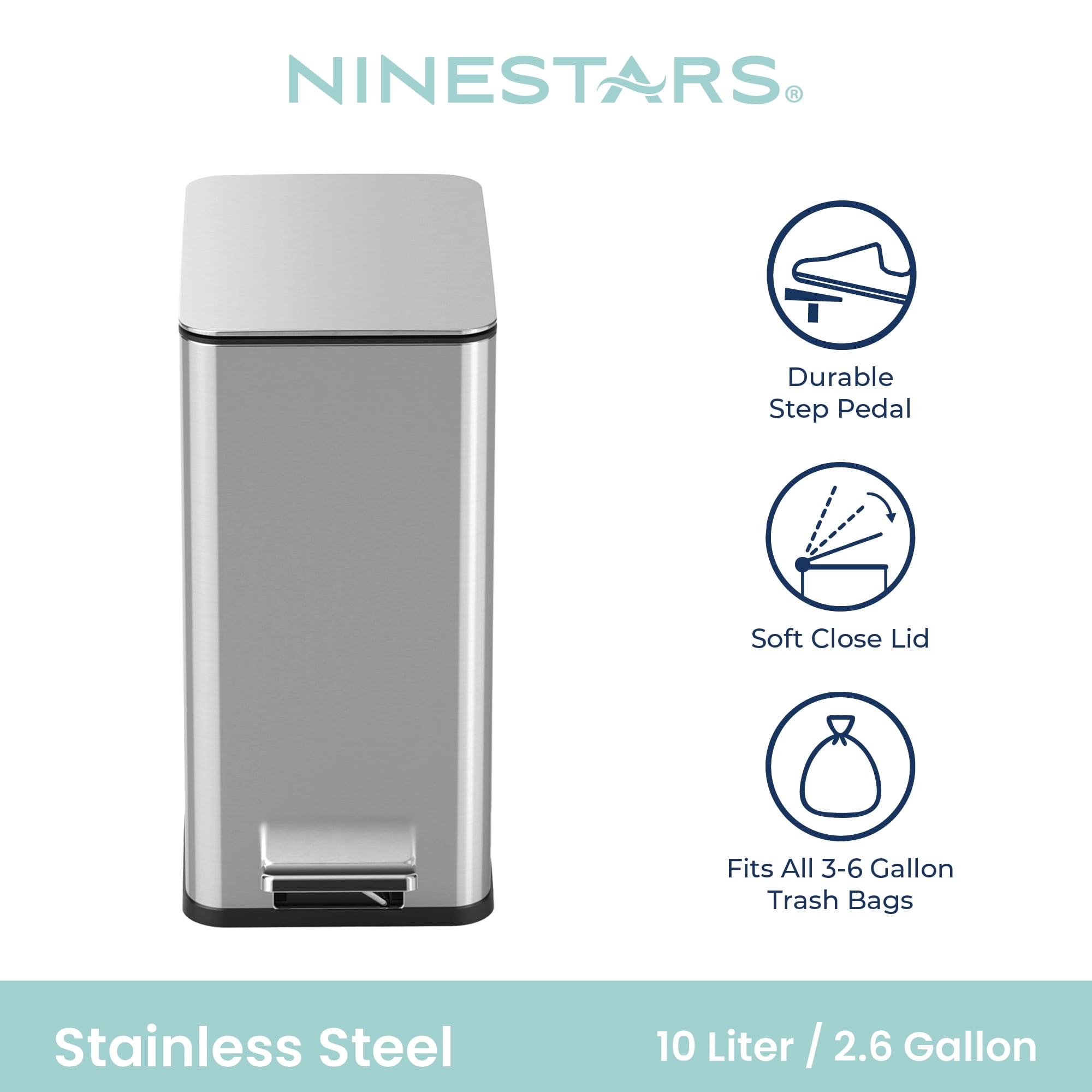 Nine Stars Bathroom Trash Can, 2.6 Gallon Stainless Steel, Step Garbage Bin with Soft Close Lid, Silver