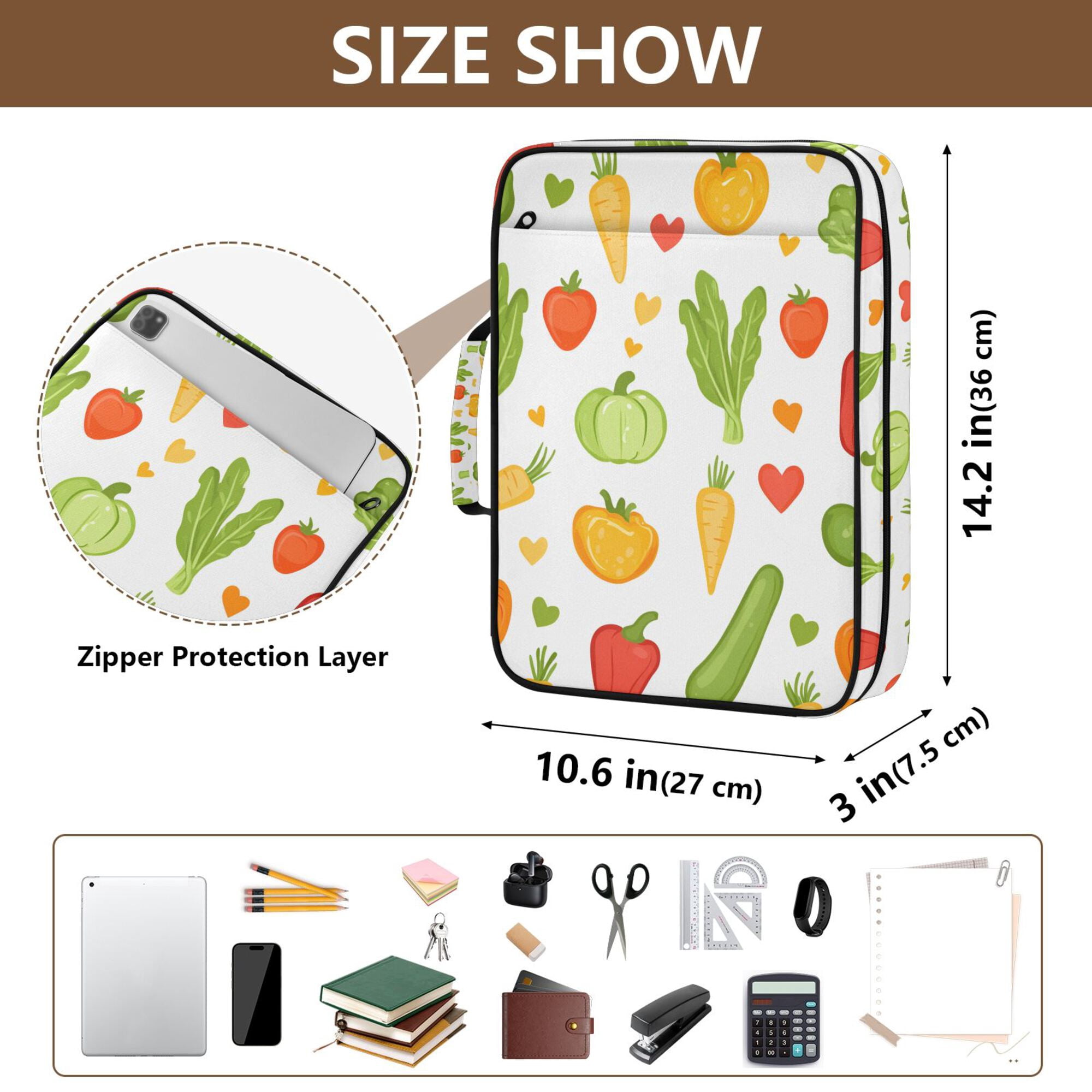 FORMRS Accordion File Folder A4 Size 7-Pocket Expanding Document Organizer Bag with 3 Ring Binder, White Vegetables Pattern