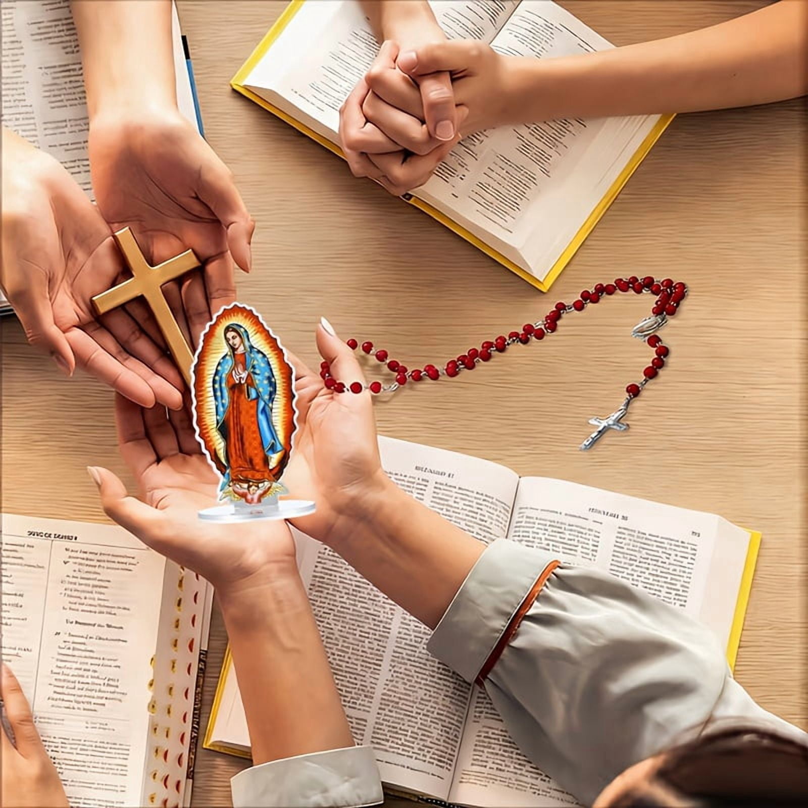 24 Pcs Our Lady of Guadalupe Rosary Necklace Set, Virgin Mary Acrylic Standing Decor with Cross Pendant Beads, Catholic Religious Gifts for Baptism Prayer Church Favors Bulk