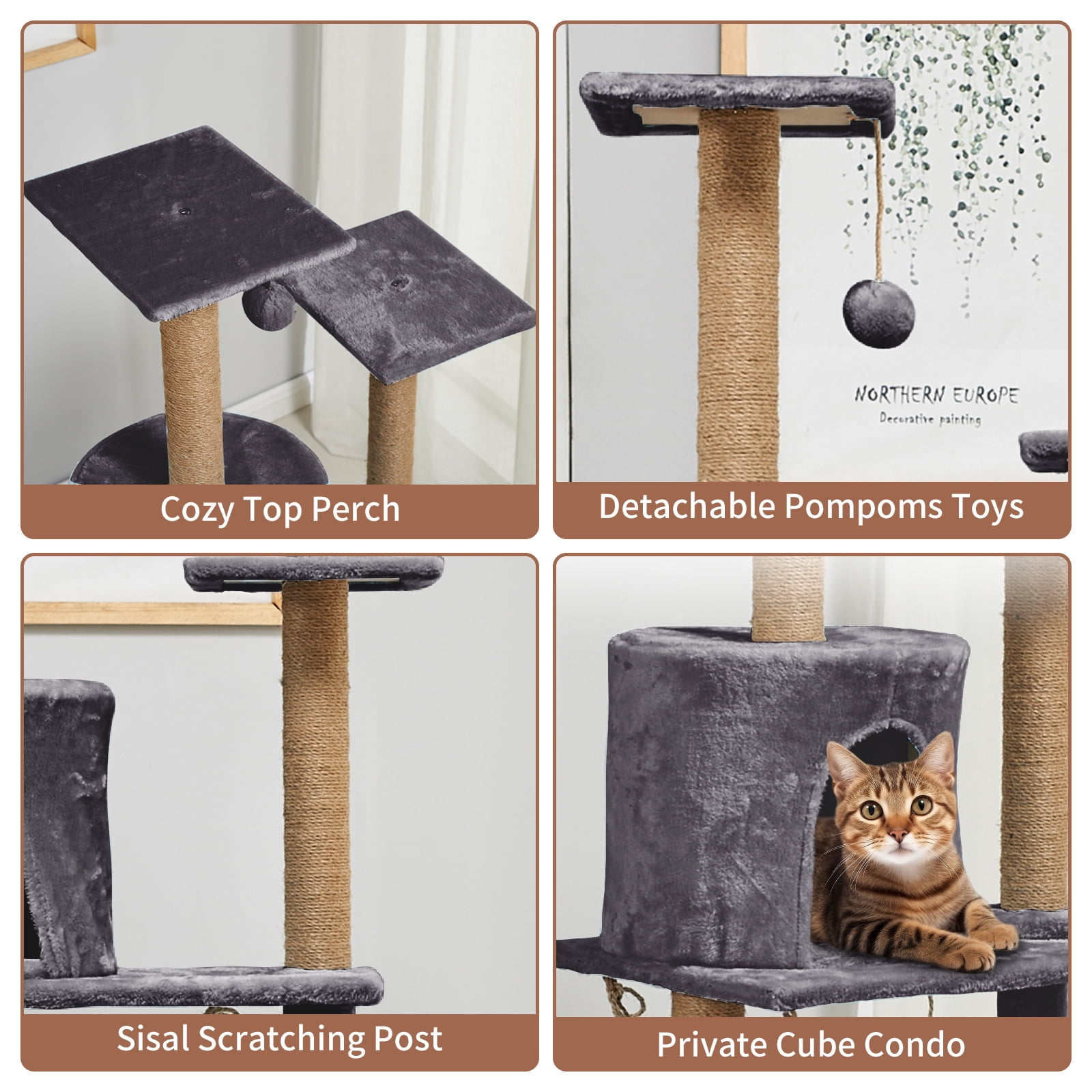 ZephyPaws 52" Tall Cat Tree Tower Condo with Sisal Scratching Post and Perch,Dark Gray