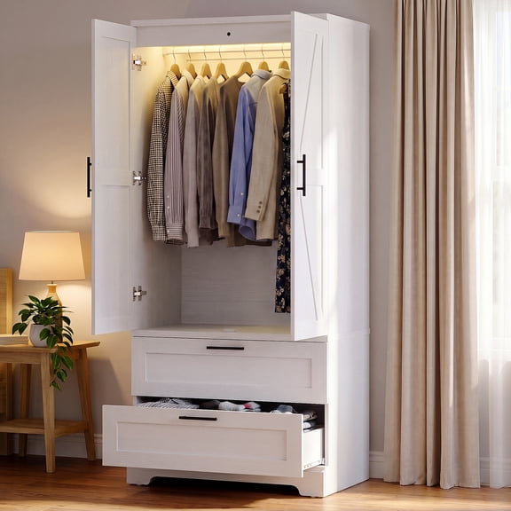 Homall 71'' Tall Wardrobe Closet with 2 Drawers, Freestanding Armoire Wardrobe Closet with Sensor Light and Side Hooks for Bedroom, White