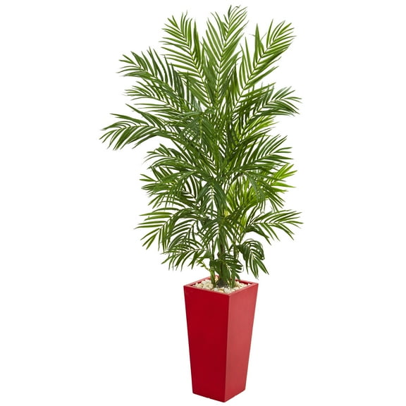 Nearly Natural 5.5' Areca Palm Artificial Tree in Red Planter, Green
