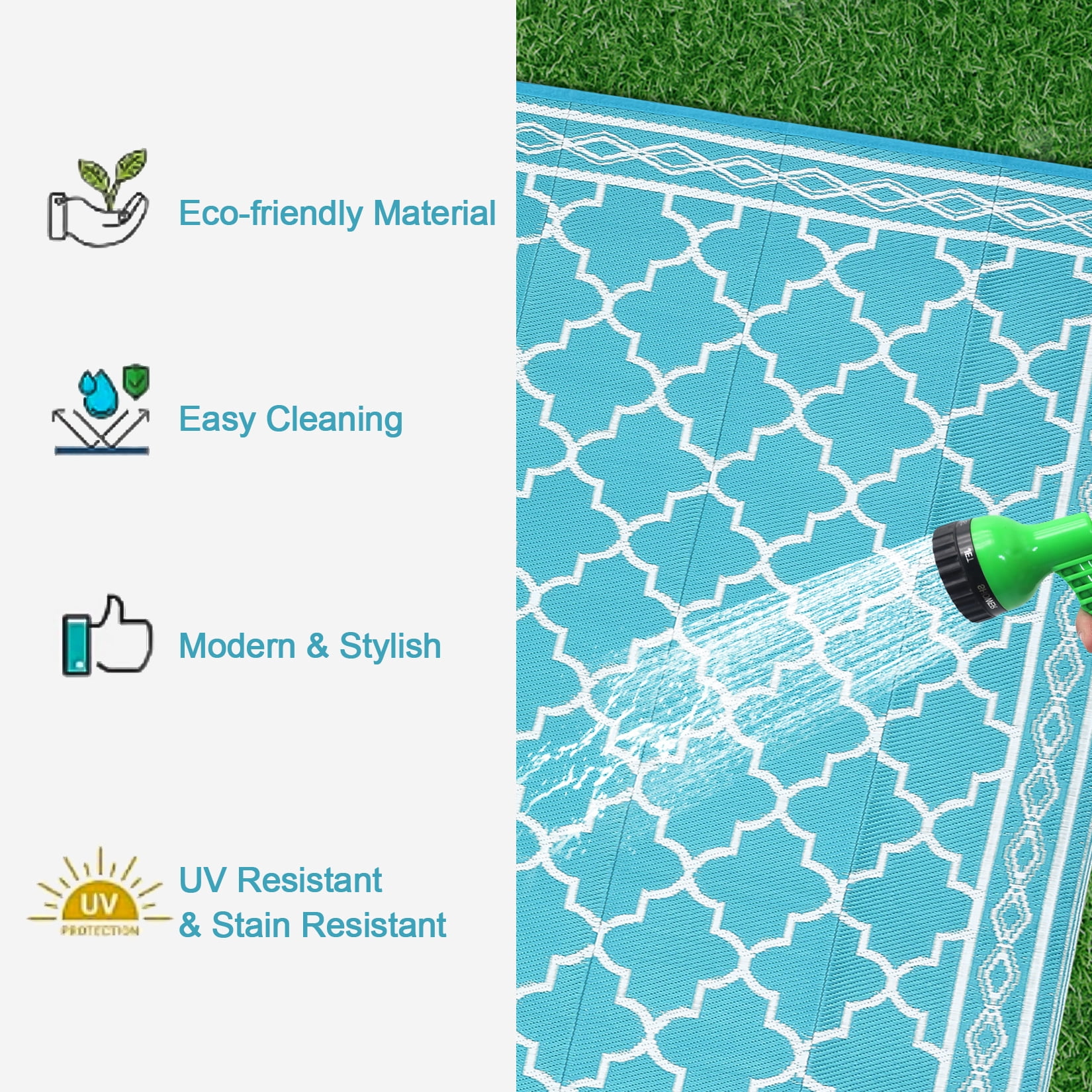 Hasoo 5' x 8' Light Blue Outdoor Rug for Patio Decor Waterproof Plastic Straw Modern Geometric Carpet PP Tube Woven Portable Camping Mat for Picnic Balcony