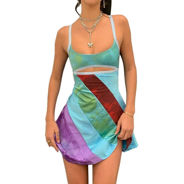 Robe Mini à Bretelles pour Femmes Couleur Contrastée Dos Creux Robe Ligne A Chic Tenue de Soirée Clubwear