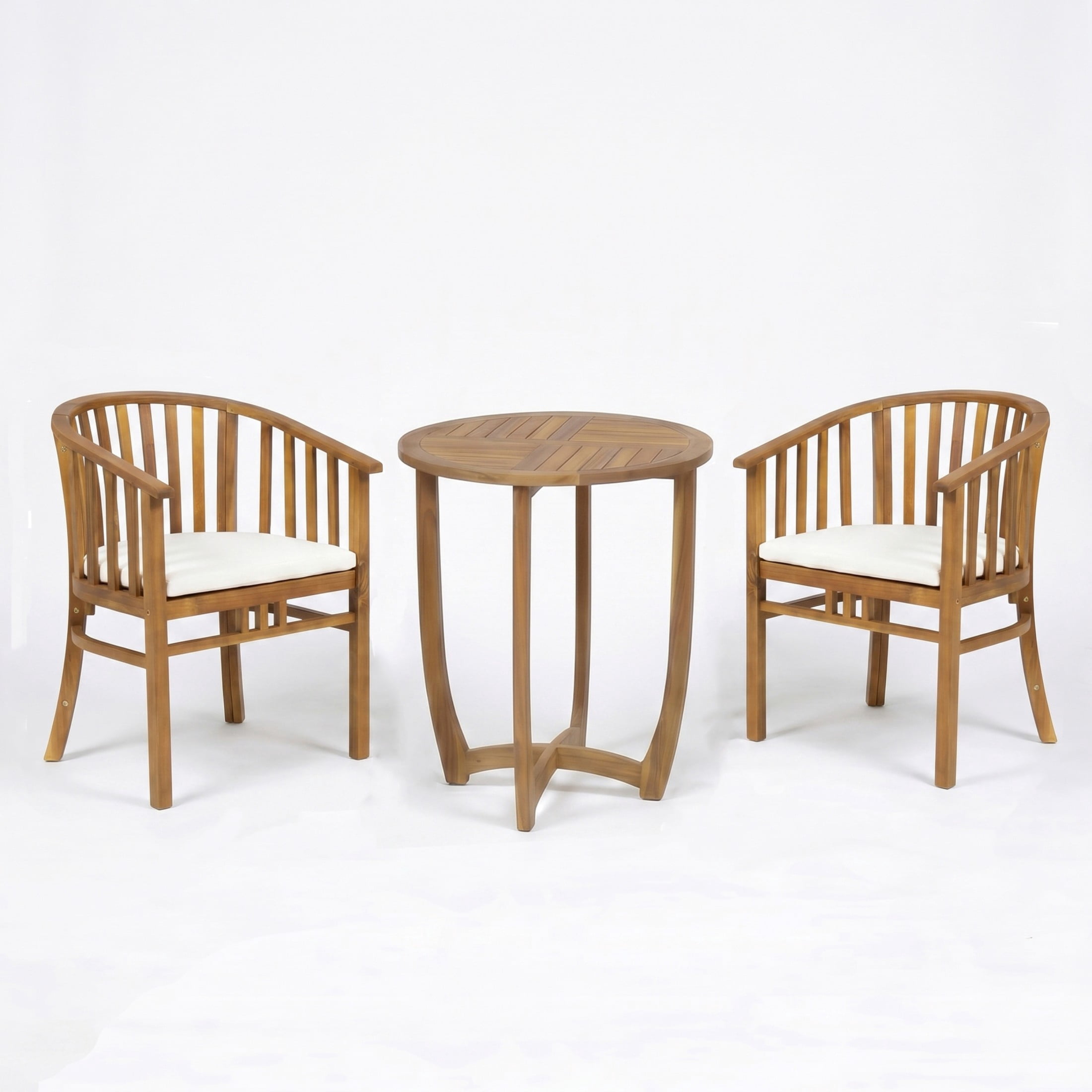 Christopher Knight Home 3-Piece Wood Bistro Dining Set, Round Table & Chairs with Cushions, Teak+Cream