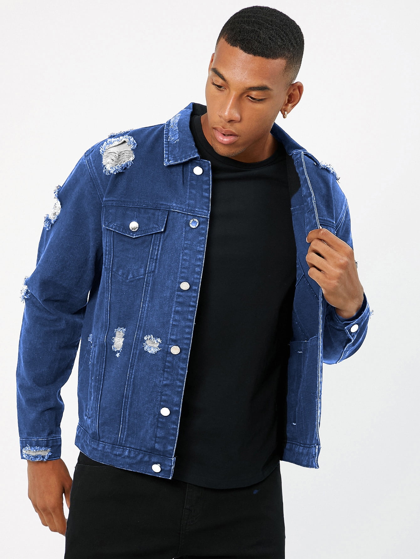 Dark Wash Casual Men Ripped Flap Detail 