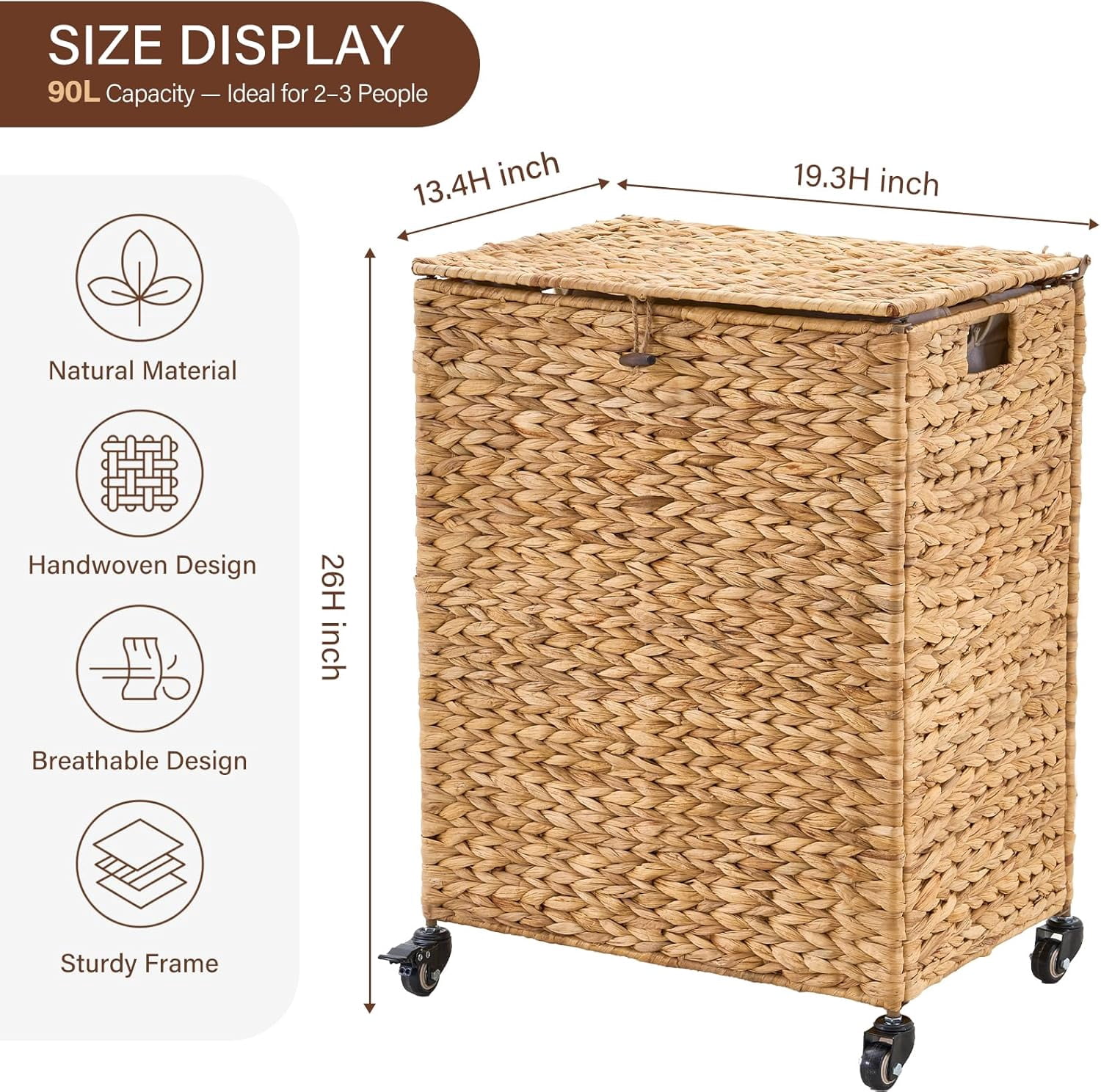 Casa Pura Furniture 90L Natural Hand-Woven Water Hyacinth Laundry Hamper with Wheels, Lid & Removable Washable Liner, Clothes Storage Basket for Bathroom & Laundry Room