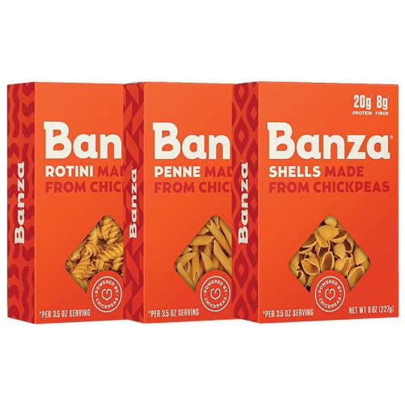 Banza Banza Chickpea Pasta, Variety Pack (1 Penne/1 Rotini/1 Shells) - Gluten Free Healthy Pasta, High Protein, Lower Carb and Non-GMO, 8 Ounce (Pack of 3)