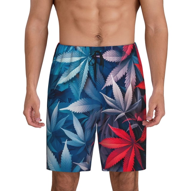 Balery Red And Blue Leaves Pantalones cortos de pijama de punto de algodón para hombre con cinturilla y bolsillos-XX-Large