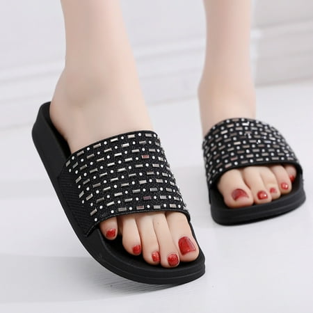 

MRULIC slippers for women Summer Women s Sequins Flat Soft Slippers Non-Slip Rhinestone Sandals Beach Shoe house slippers for women Black + US:7