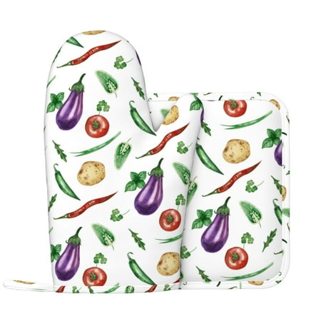 

Oven Mitts and Pot Holders Sets - Eggplant vegetable tomato Heat Resistant Silicone Oven Gloves (Left Glove) with Non-Slip Silicone Surface and hot pads for kitchen Baking Cooking