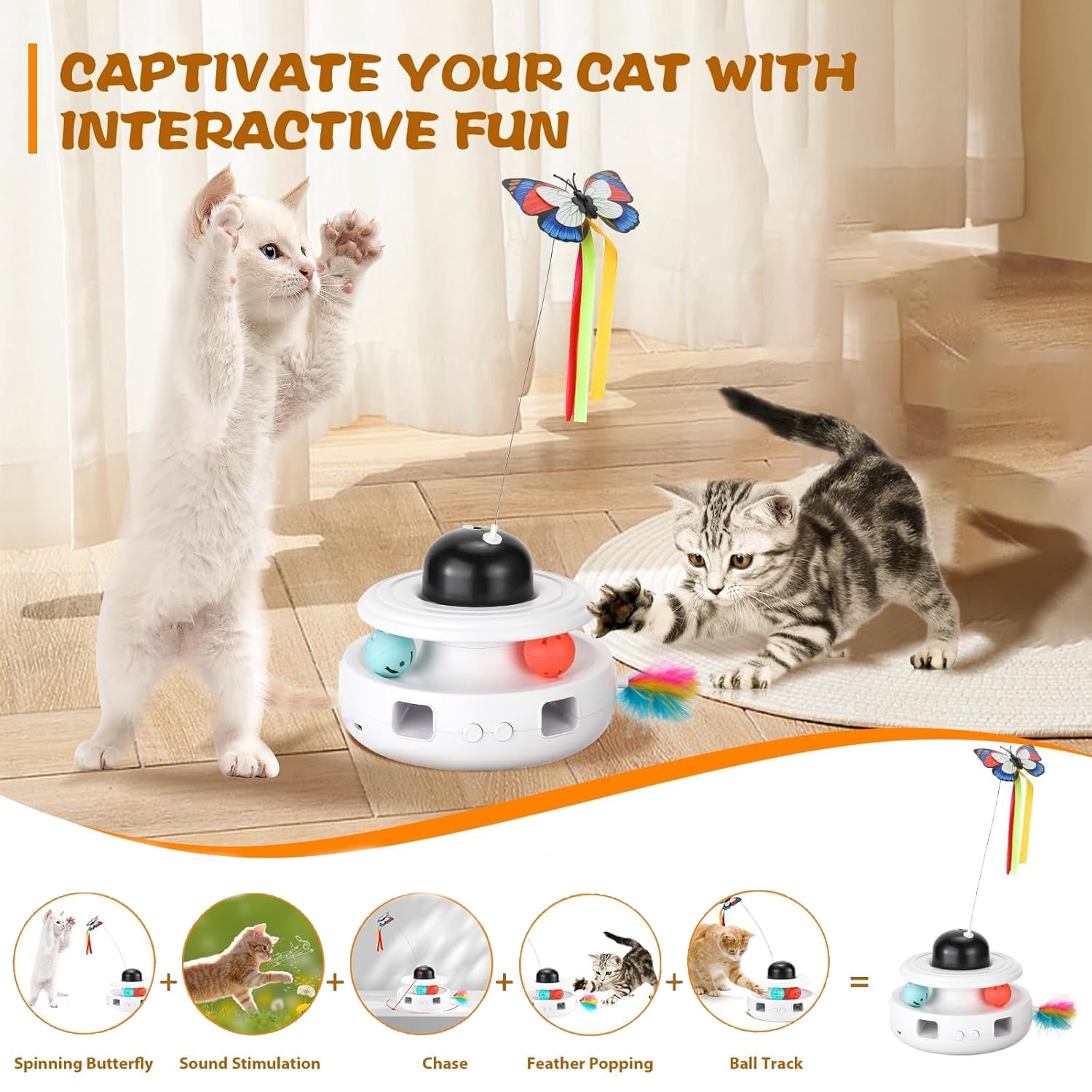 5-in-1 Interactive Cat Toy, Indoor Cat/Small Dog Exercise Fitness Chaser, Feline Ambush Trainer, Timer Function