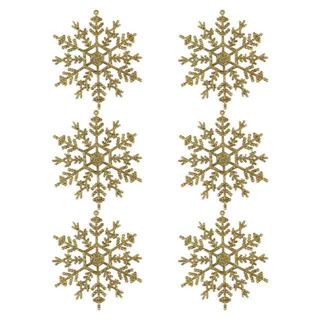 6 piezas coloridos copos de nieve decoración colgante árbol de navidad brillo copo de nieve colgantes Dorado, seis adornos de plástico dispuestos en dos columnas, cada copo mide 12 x 12 cm; diseño hexagonal con ramas detalladas y recubrimiento con brillo, cordón para colgar visible, fondo blanco, aptos para decorar árbol de Navidad, fiestas o como regalo; a menudo usados también para decorar centros de mesa pequeños.