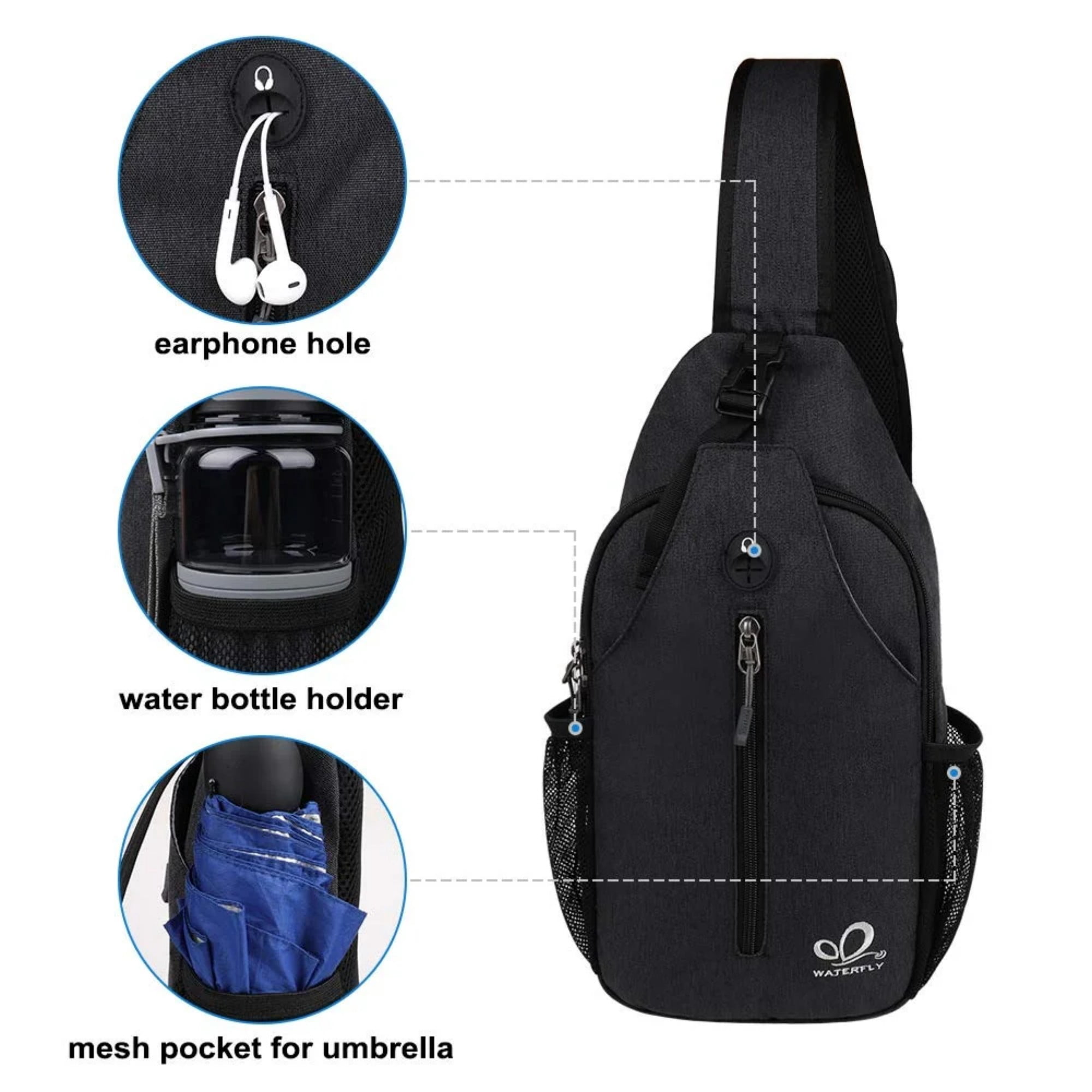 WATERFLY Unisex Hiking Travel Nylon Sling Bag Cross-Body Shoulder Chest Bag,Black