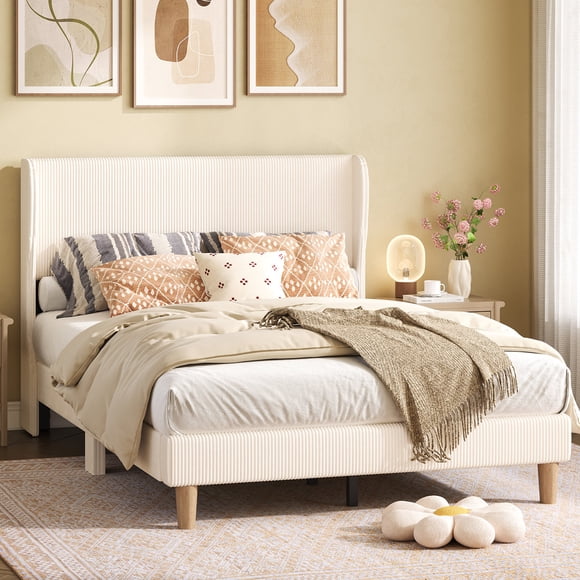 Bestier Full Upholstered Bed Frame with Adjustable Arc-shaped Headboard, LED Platform Bed