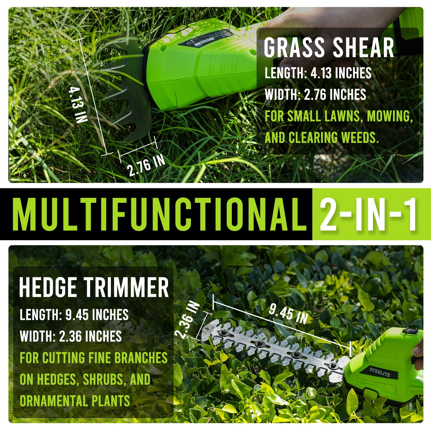 Steelite 21V Cordless Hedge Trimmer- 2 in 1 Electric Handheld Grass Shear & Shrub Trimmer Kit, Hedge Shear with 2.0Ah Lithium-Ion Battery for Garden and Lawn Maintenance