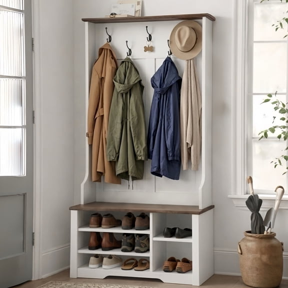 BrooveWave 67"H Farmhouse Hall Tree with Bench and Shoe Storage, Entryway Bench with Coat Rack and Hook