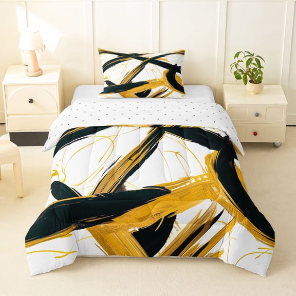 Homewish Gold Black Circle Twin Comforter Sets,Aesthetic Geometric Bedding Set,Reversible,2 Pieces,1 Comforter and 1 Pillowcase