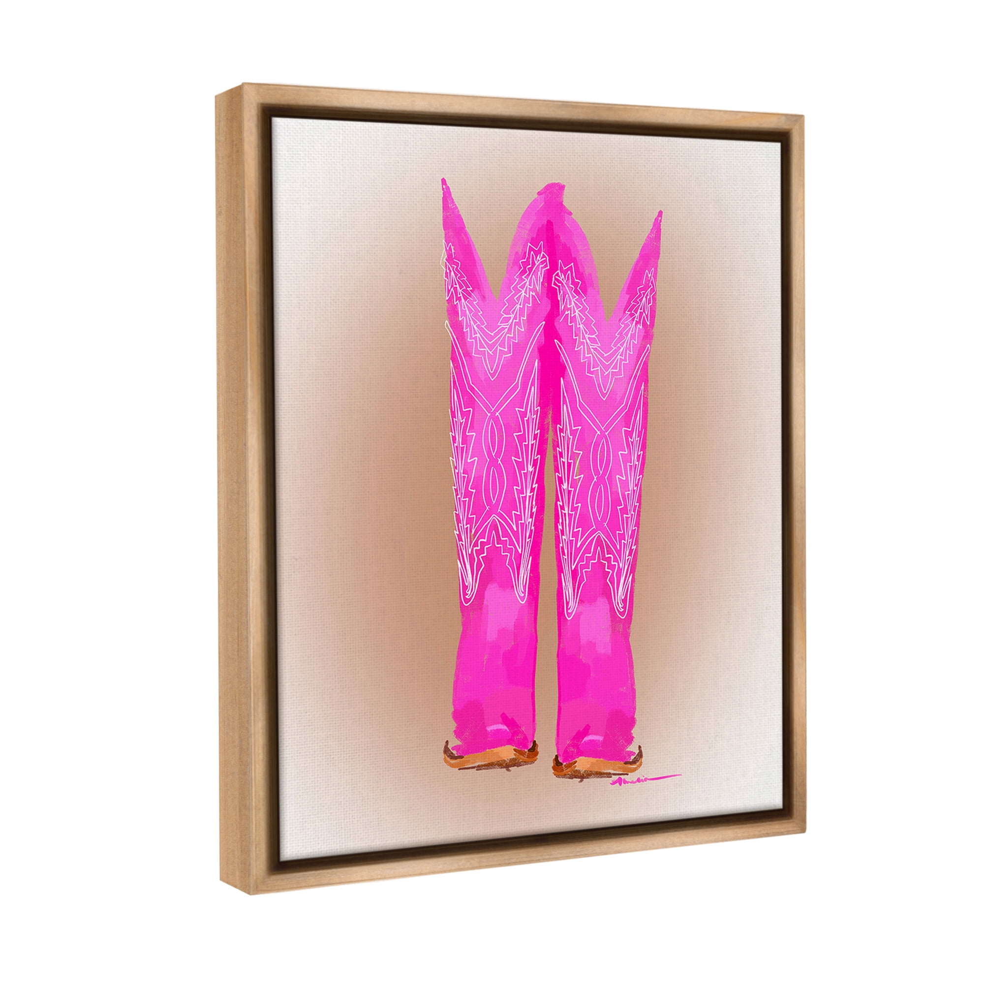 Stupell Industries Vivid Pink Cowgirl Boots Beauty & Fashion Painting Brown Floater Framed Canvas Art Print Wall Art, 25 x 31