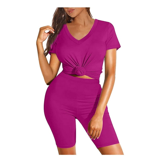 Ensemble Deux Pièces pour Femmes, Manches Courtes, Col en V, Shorts de Cycliste