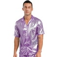 thumbnail image 2 of iiniim Mens Short Sleeve Shiny Button up Blouse T Shirt for Party and Clubbing Purple 3XL, 2 of 7