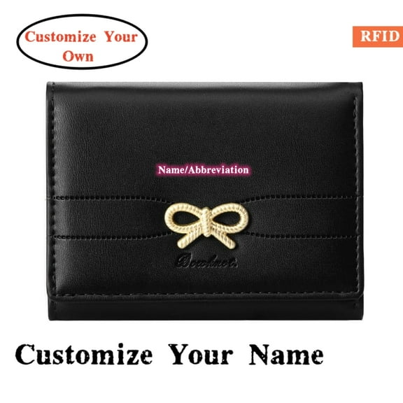 Personalized Name Customized Initials Wallet Fashion Wallets Girls Cute Coquette Bow Small Wallet Aesthetic Card Holder ID Window Purse for Women,Black