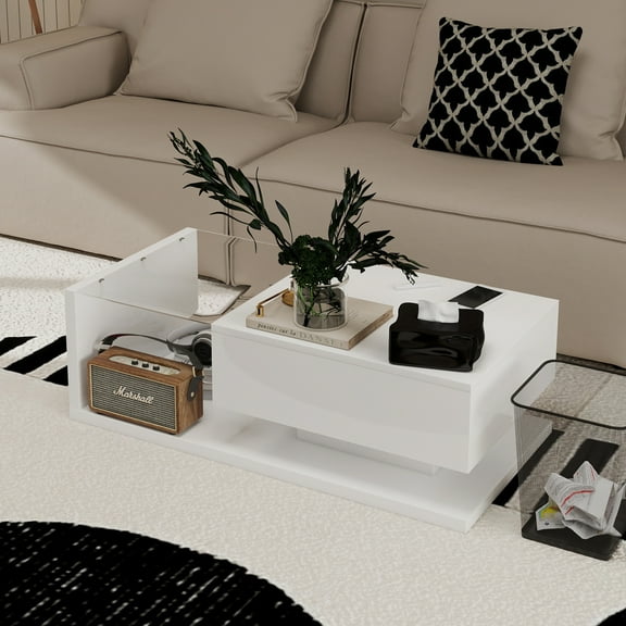Modern Coffee Table with Tempered Glass, Wooden Cocktail Table with High-gloss UV Surface, Modernist 2-Tier Rectangle Center Table for Living Room, White