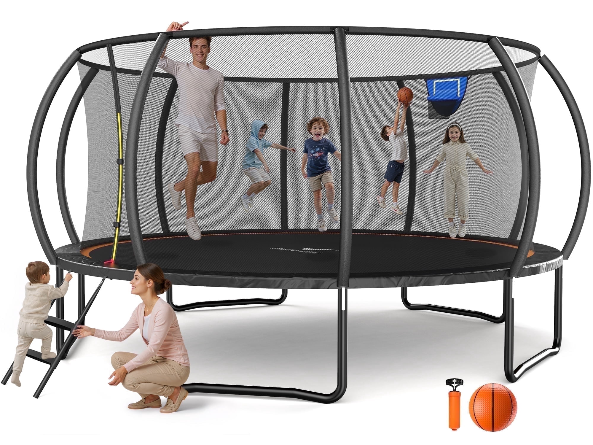 MERACH 16FT Pumpkin Outdoor Trampoline with Safety Enclosure Net & Ladder, Extra Large Backyard Trampoline for Kids & Adults
