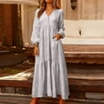 thumbnail image 3 of Women's Maxi Dress Long Sleeve V-Neck Loose Fit Button Down Cotton Linen Retro Swing Dress for Spring Fall Casual Daily Wear,Light Gray,2XL, 3 of 7